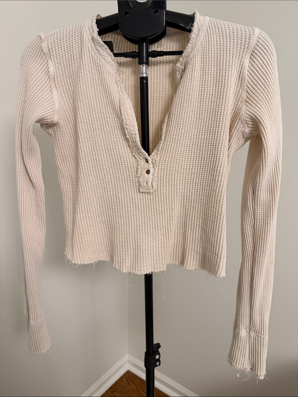 Free People Cropped Beige Waffle Knit Long Sleeve Top